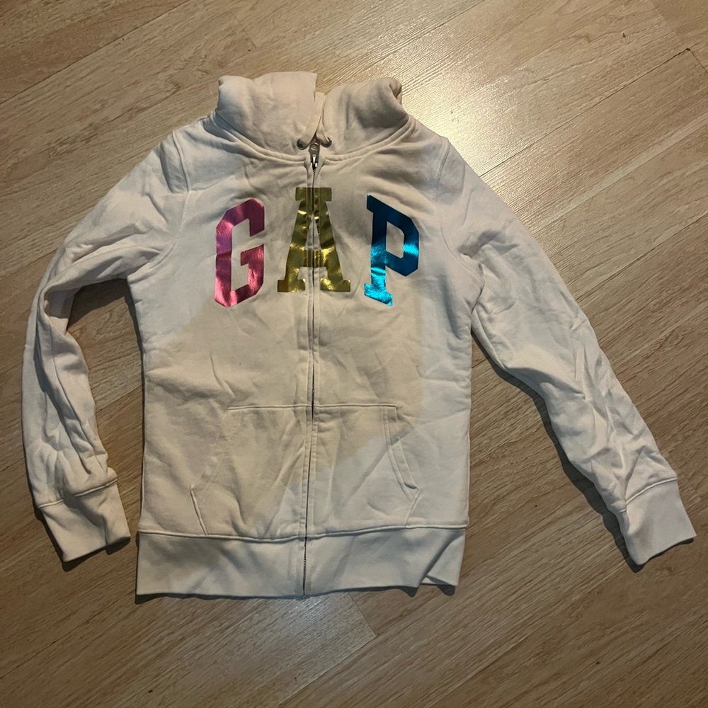 GAP White Zip-Up Hoodie with Pink, Gold & Blue Logo
